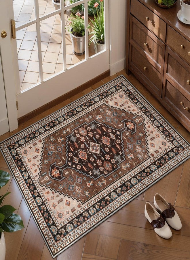 Tangsoo Vintage 2x3 Entry Rug,Small Washable Indoor Door Rug for Entryway,Brown Beige Non-Slip Rubber Backing Throw Mat Soft Low Pile Carpet for Front Porch Entrance Kitchen - Image 1
